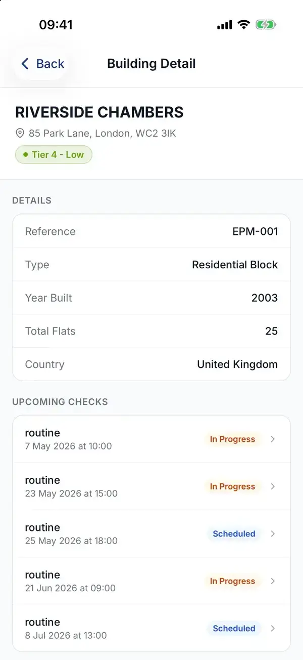 WiseBlock mobile app — a building's details: address, compliance tier, units and risk.