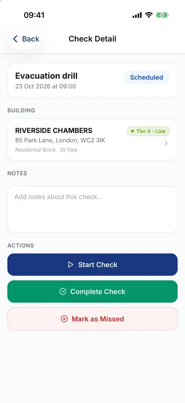 A fire check in progress in the WiseBlock app, with the block, the check type and steps to complete on site.