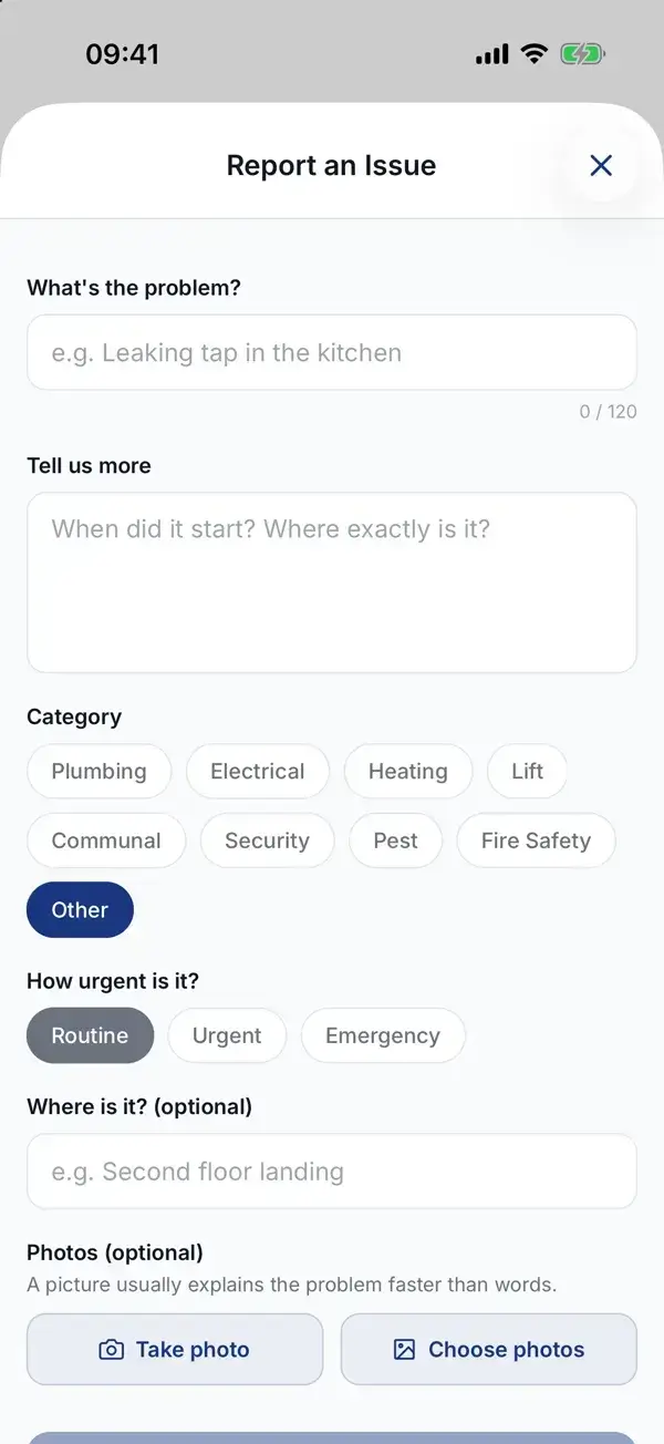WiseBlock mobile app — reporting an issue with photos from the field.