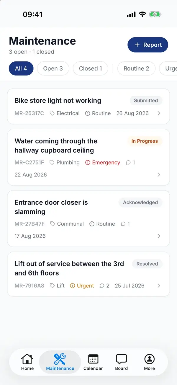 A resident's repairs in the WiseBlock app, each with a reference, category, urgency and status.