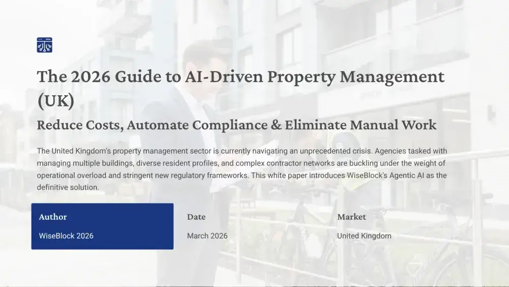 Cover of WiseBlock's free guide, The 2026 Guide to AI-Driven Property Management (UK): reduce costs, automate compliance and eliminate manual work.