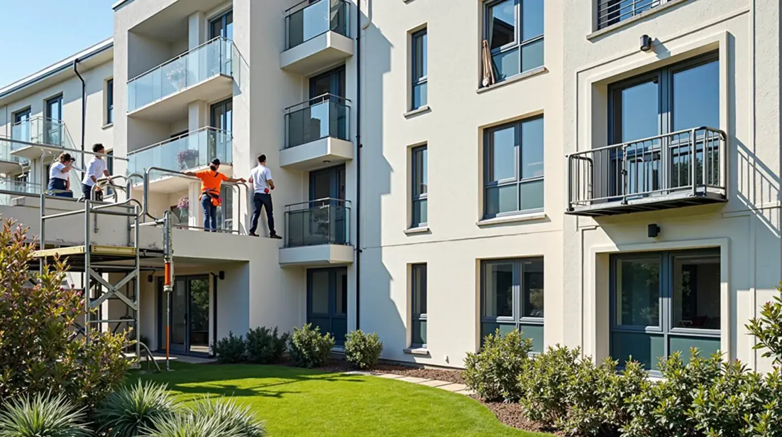 Building maintenance workers on an apartment block.