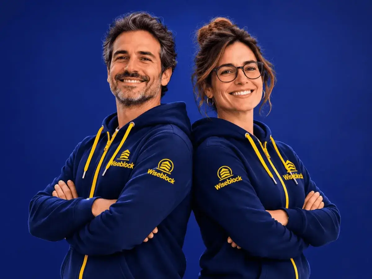 Two members of the WiseBlock team, arms crossed and smiling, in navy WiseBlock hoodies with yellow drawstrings and the WiseBlock logo.