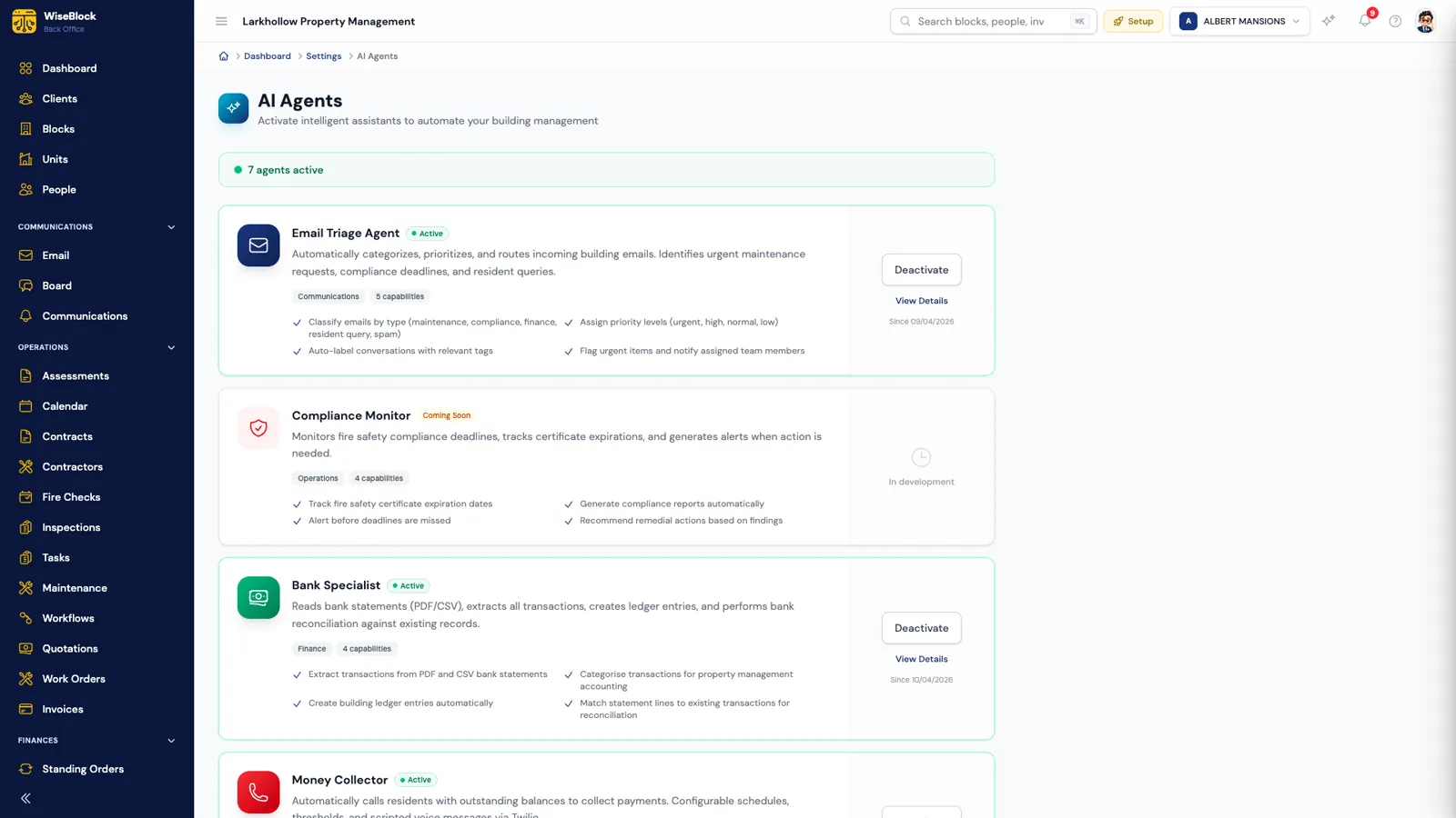 The AI agents settings page in WiseBlock, showing the Email Triage Agent as active with its capabilities: classifying emails by type, assigning priority levels, labelling conversations and flagging urgent items.