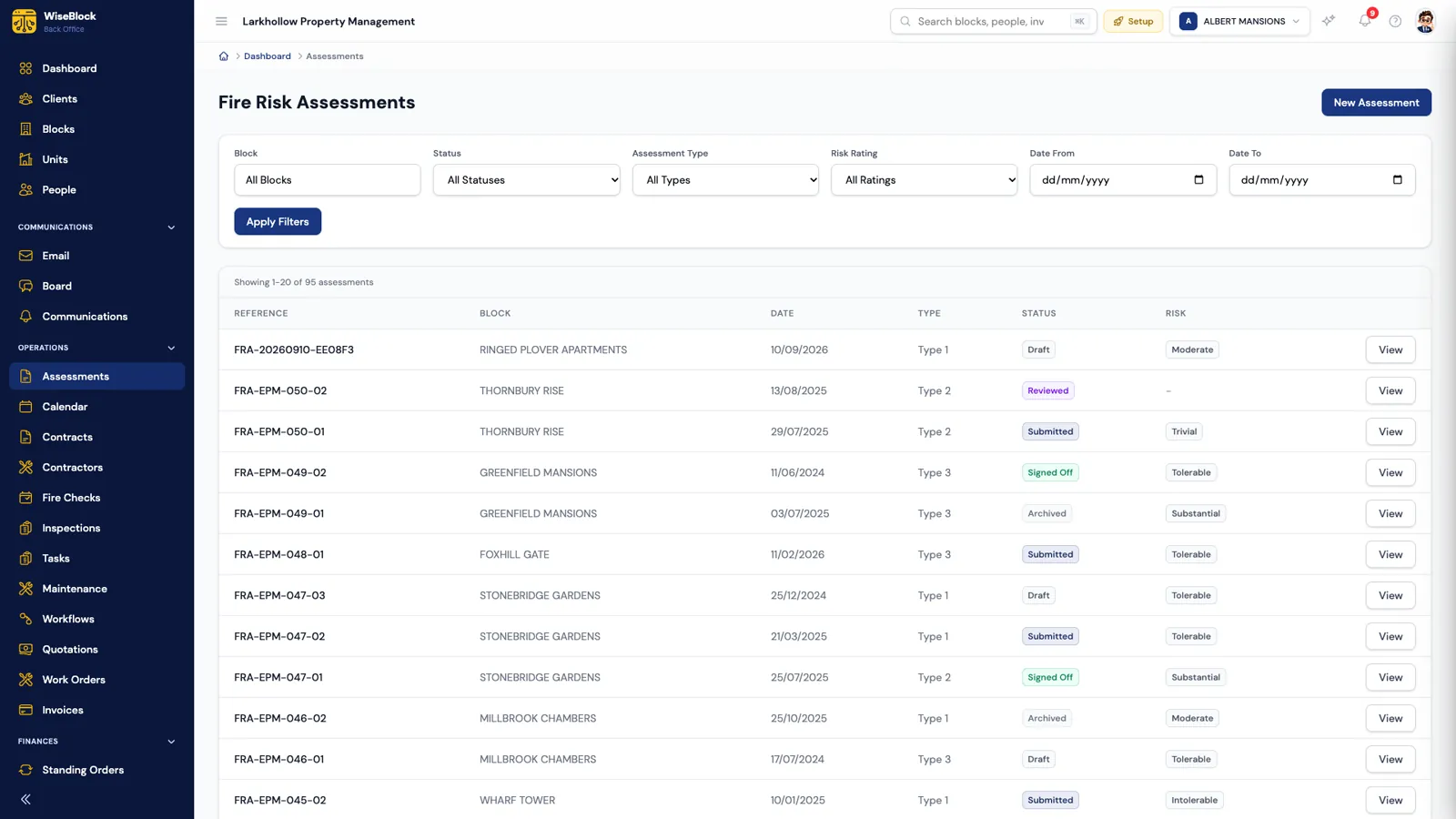 The fire risk assessments list in WiseBlock, filterable by block, status, type and risk rating, showing each assessment's reference, block, date, type, status and risk level.
