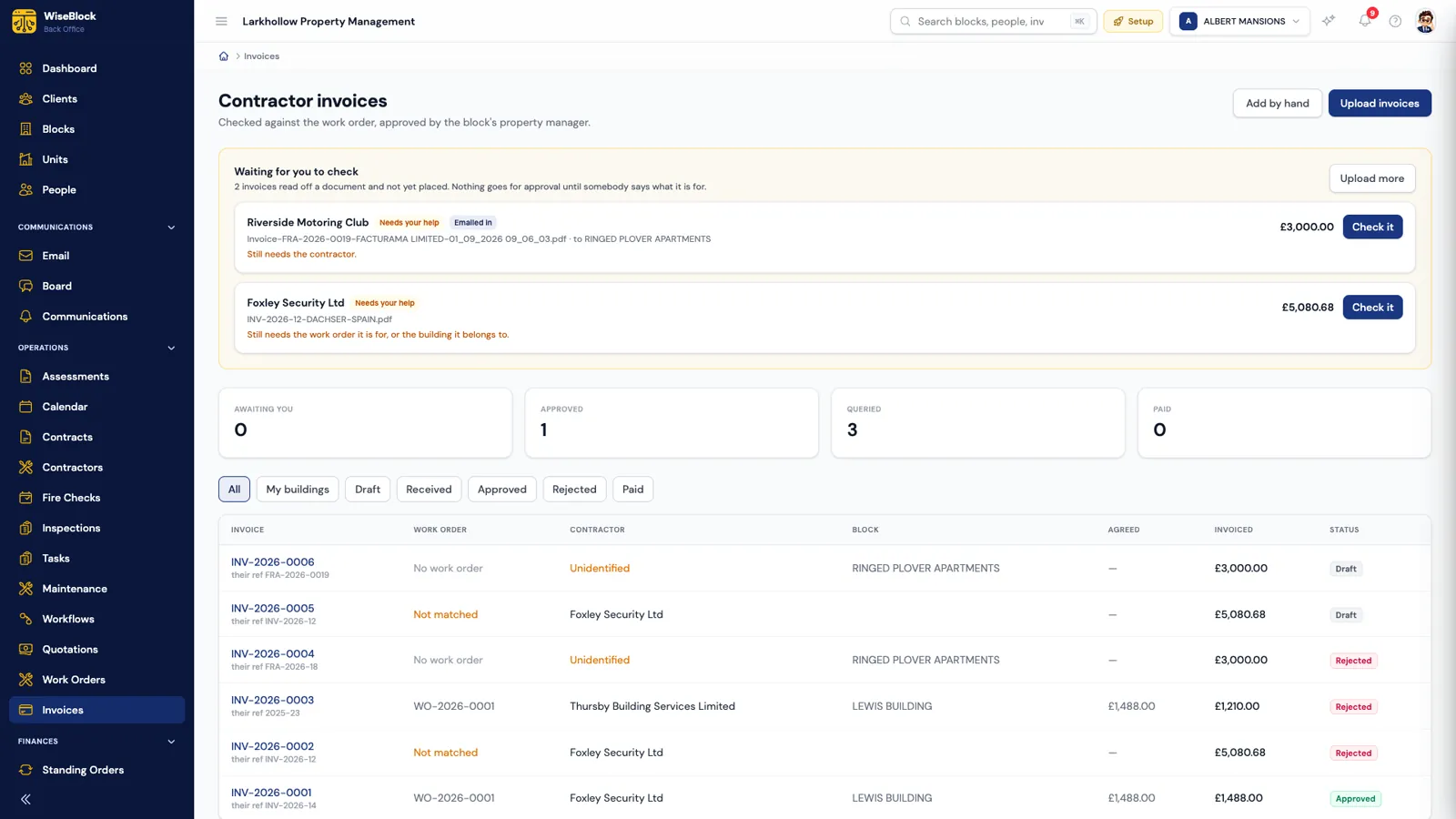 The contractor invoices list in WiseBlock: a 'Waiting for you to check' panel with two emailed invoices that still need a contractor or work order, counts of invoices awaiting, approved, queried and paid, and a table of invoices with work order, contractor, block, agreed and invoiced amounts and status.