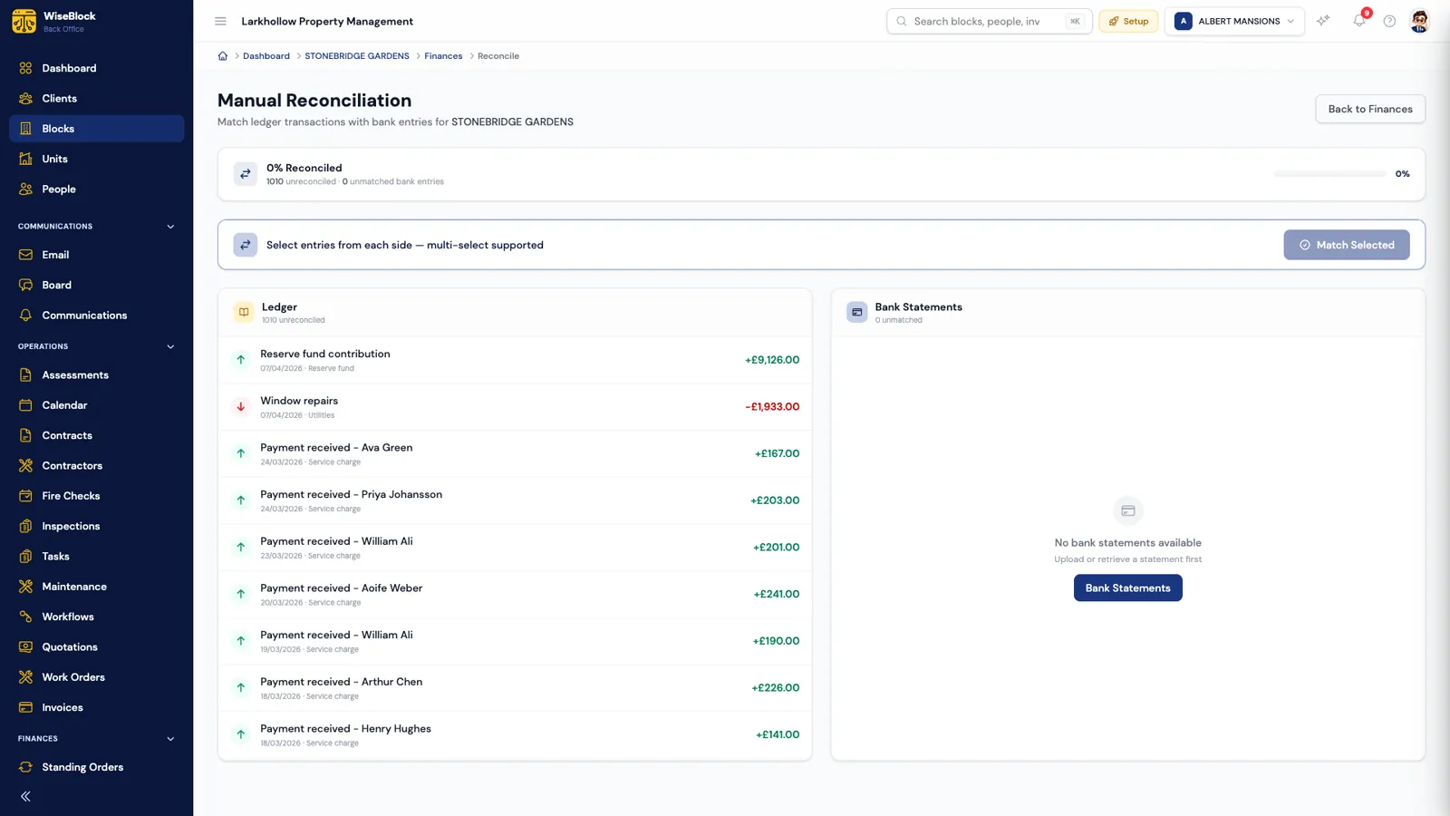 WiseBlock's reconciliation screen for one building: ledger entries such as service charge payments and window repairs on the left, bank statement lines on the right, ready to be matched.